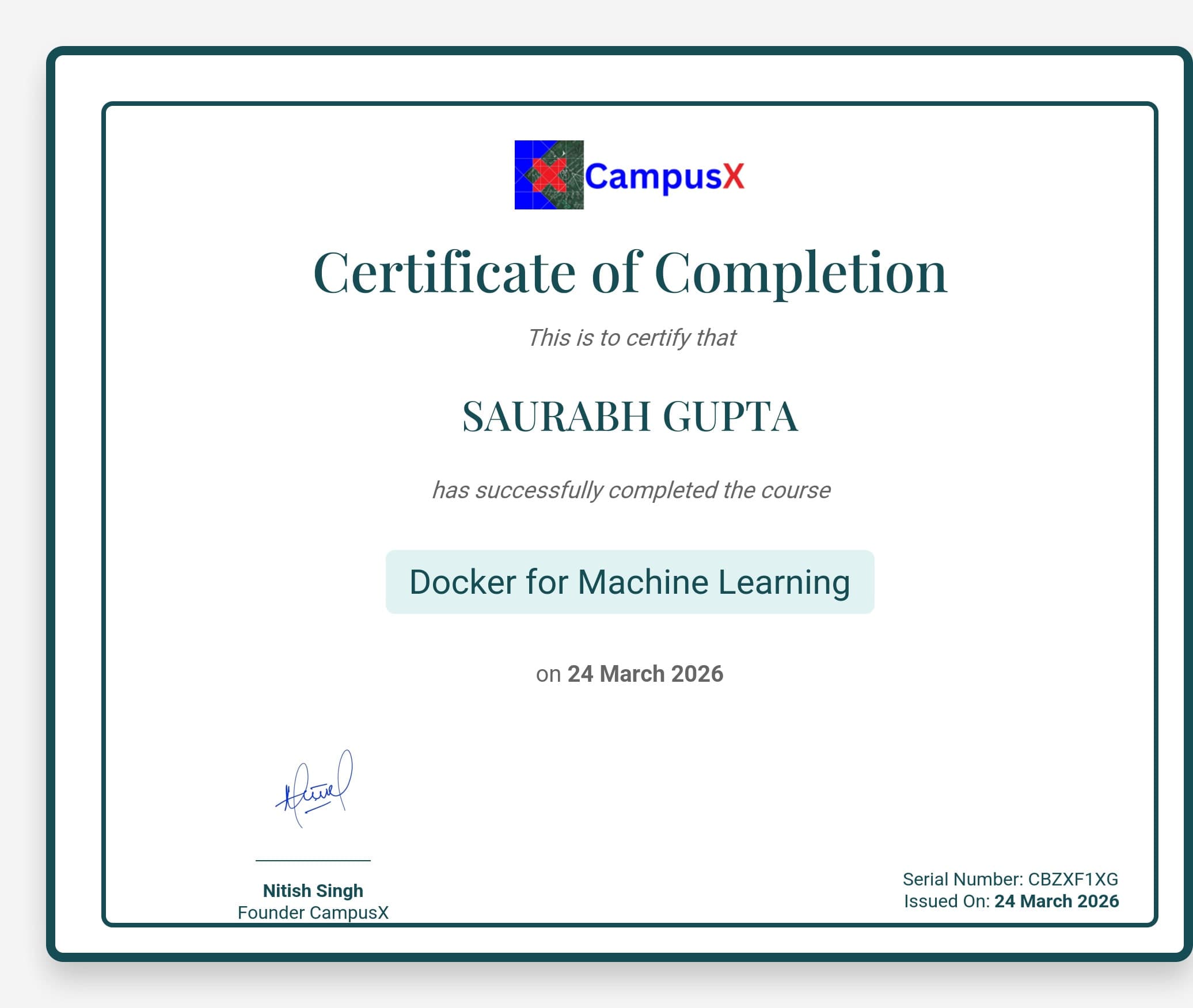 Docker for Machine Learning certificate, CampusX