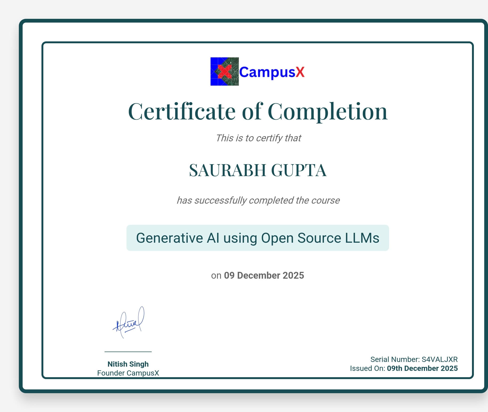 GenAI using Ollama certificate, CampusX