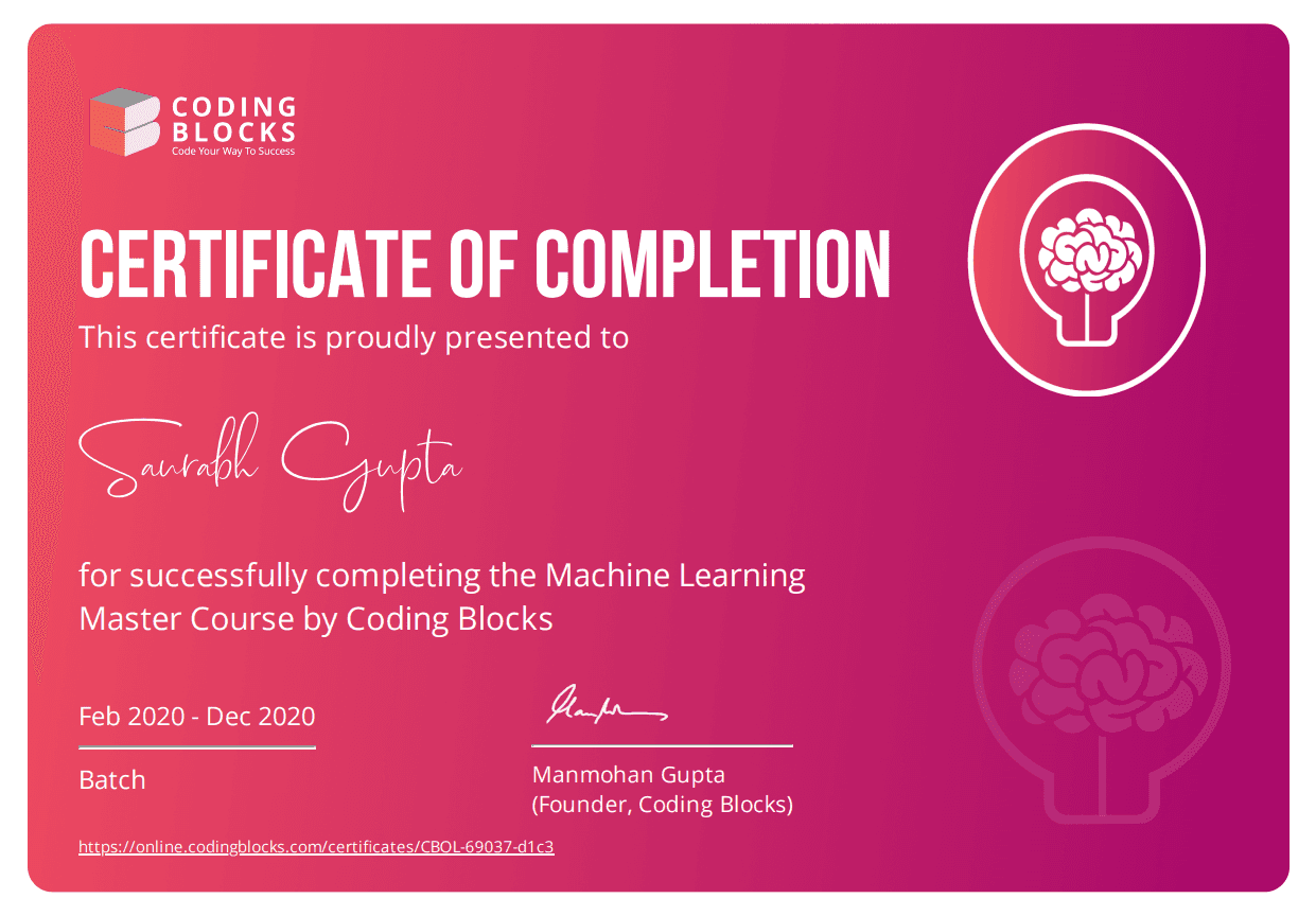 Machine Learning Masters certificate, Coding Blocks