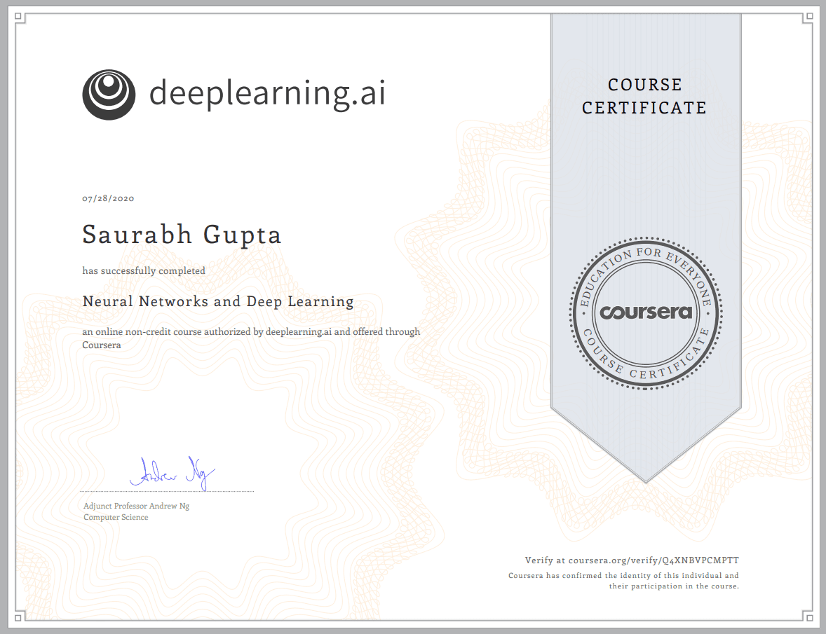 Neural Networks and Deep Learning certificate, DeepLearning.AI