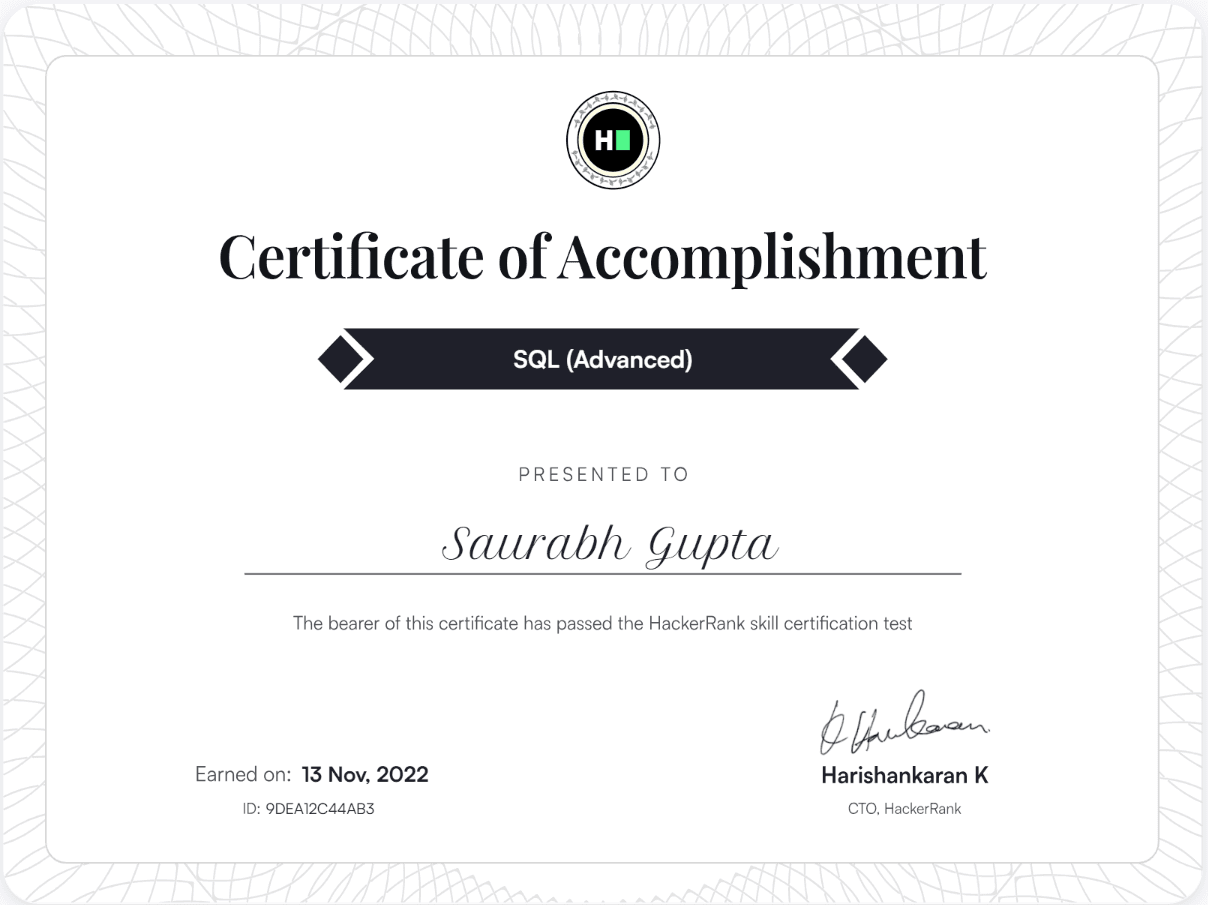 HackerRank Advanced SQL certificate, Hackerrank
