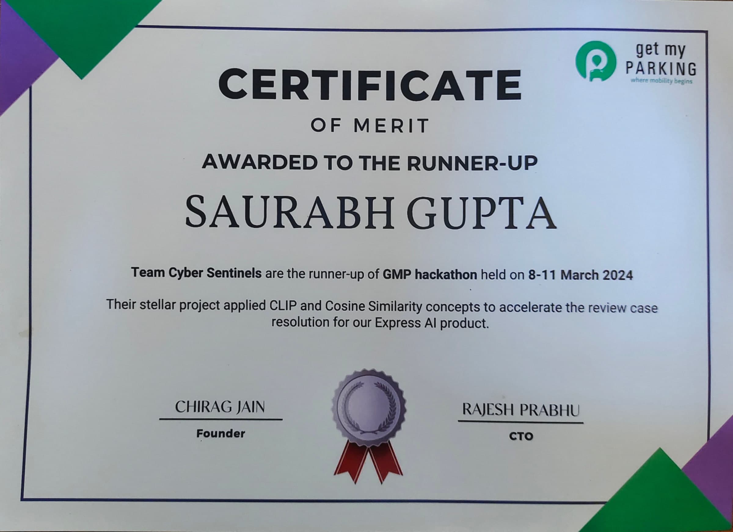1st Runner Up amongst 12+ teams, Get My Parking, 2024